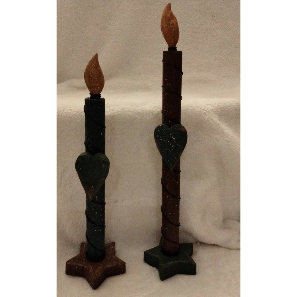 Handmade vintage wood wire Christmas candle sticks 14.75"  and 13" tall
